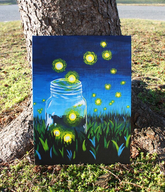 Whimsical Firefly Mason Jar Acrylic Painting on Canvas Etsy