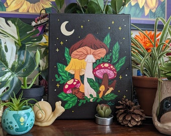 Mushroom Forest Painting / Cottagecore Art / Forest Botanical Witchy Acrylic Painting on Stretched Canvas / 8"x10"