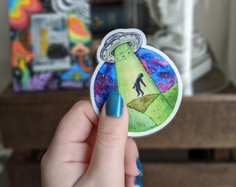 Aliens Sticker // Water Bottle Sticker // Laptop Sticker // Die Cut Sticker // UFO // Abduction // Space // X Files // Watercolor Art