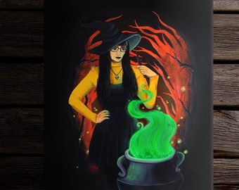 Witchy Wonders // Original Acrylic Painting // 16"x20" // Stretched Canvas // Halloween Painting // Witch // Spooky Woods Cauldron