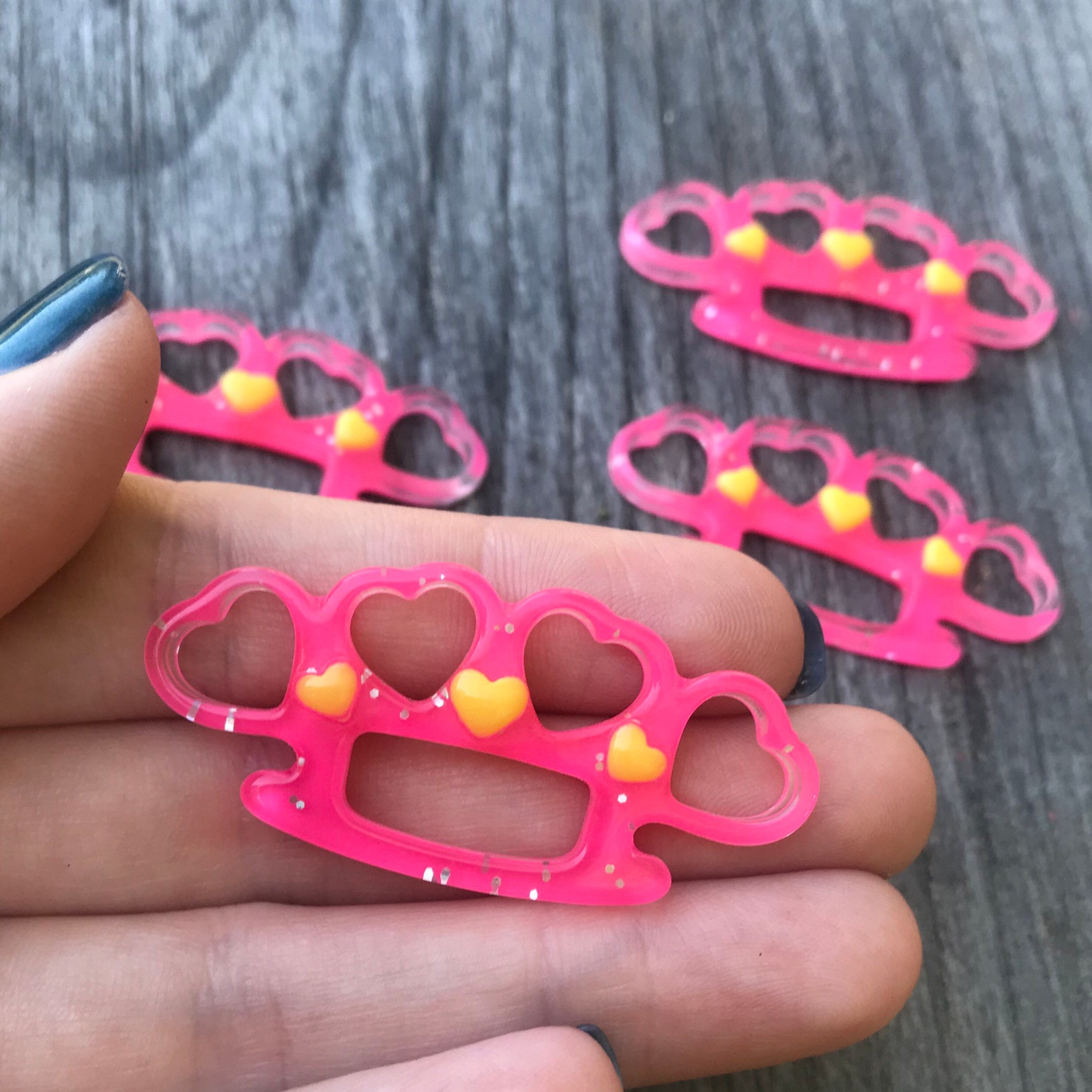 Hot pink and yellow resin brass knuckles with hearts flatback Etsy