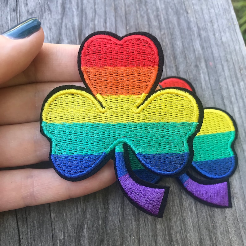 Pride rainbow shamrock four leaf clover embroidery iron on patch with black border LGBTQ One piece