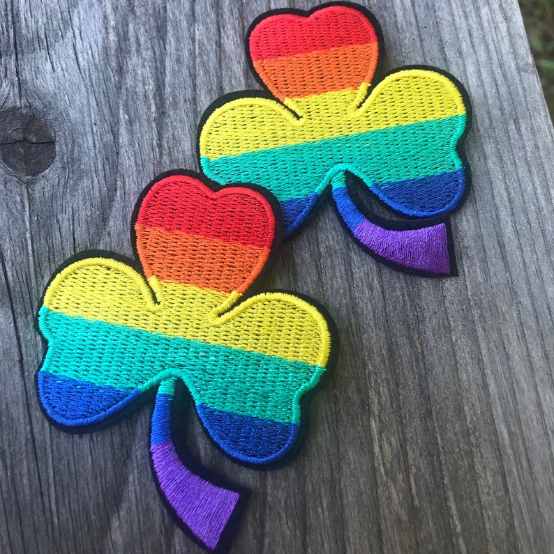 Pride rainbow shamrock four leaf clover embroidery iron on patch with black border LGBTQ One piece