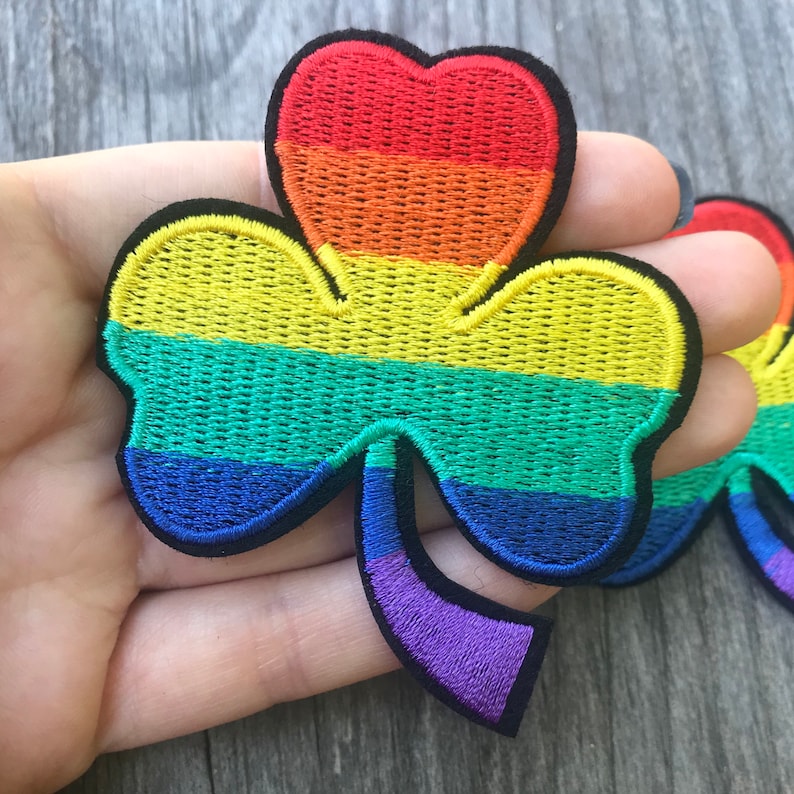 Pride rainbow shamrock four leaf clover embroidery iron on patch with black border LGBTQ One piece