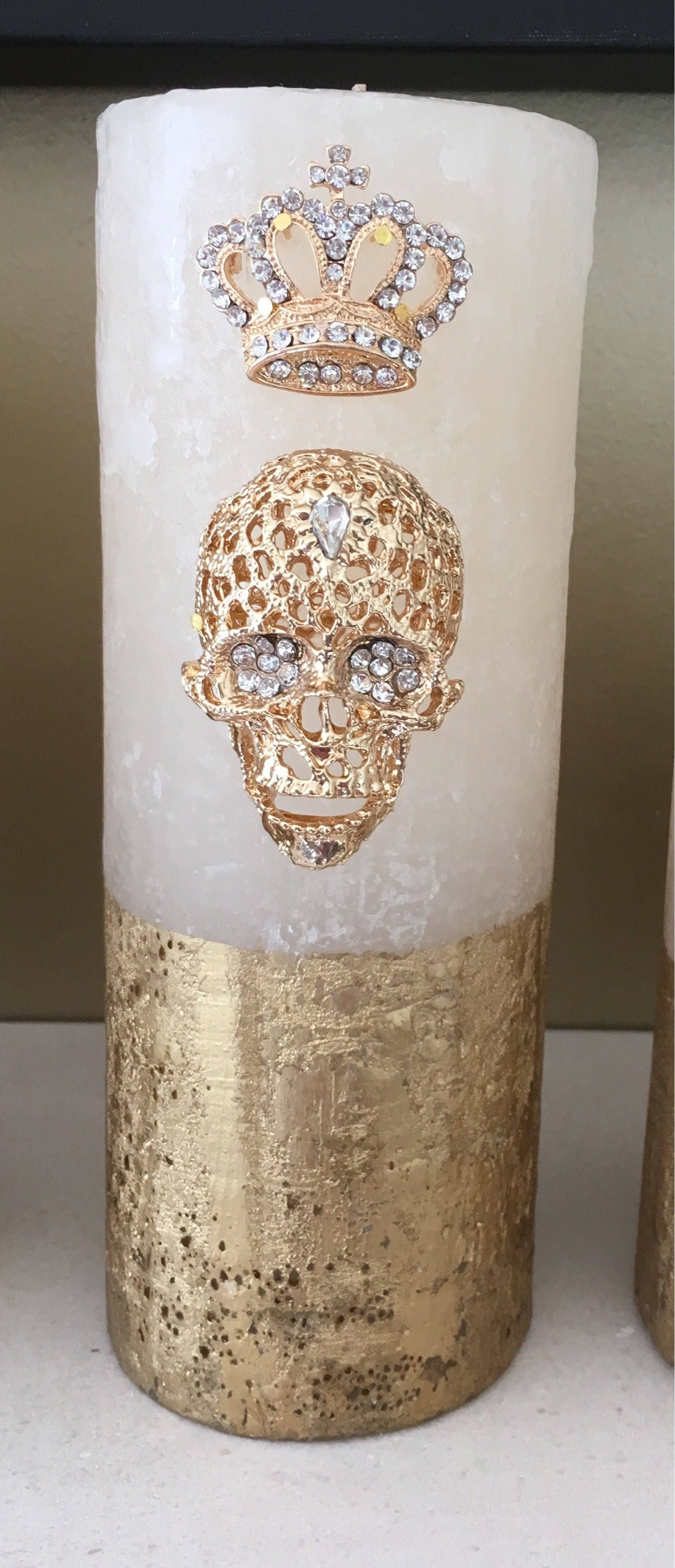 Gold Diamante Skulls Head and Crown Pillar Candle. - Etsy UK