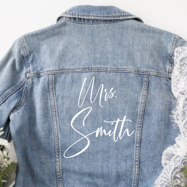 Mrs Last name Iron on for denim jacket,  Iron on for Bride Robe. Custom Iron on for Wedding , Bride Iron on