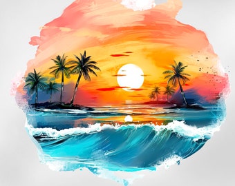 Tropical Sunset Iron On Transfer: Beach Palm Tree Design