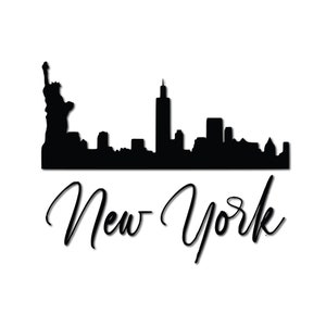 May include: Black and white silhouette of the New York City skyline, including the Statue of Liberty and the Empire State Building. The text "New York" is written below the skyline.