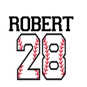 May include: Baseball jersey design with the name "ROBERT" and the number "28" in black with red stitching.
