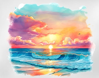 Tropical Sunset Scenery Iron on Transfer, Ready to Press