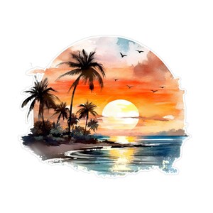 May include: Watercolor painting of a sunset over a tropical beach with palm trees and a bright orange sky. The sun is setting over the ocean, casting a golden glow on the water.