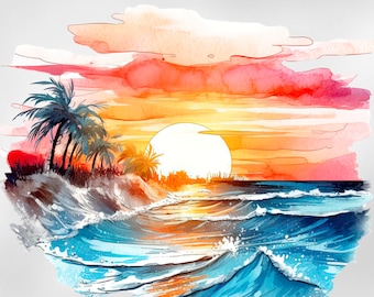 Tropical Sunset Iron on Transfer, Beach Design