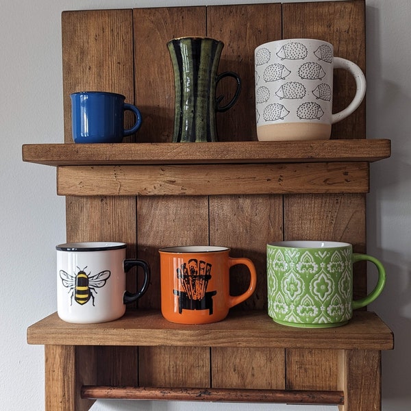 Rustic handmade solid wood floating kitchen shelf with copper towel bar - custom sizes, colours  and configurations available