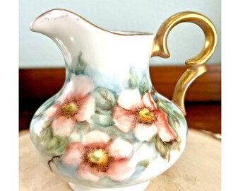 VTG Creamer Peach Flowers Seafoam Green/Gold Handle Mini Vase Hand Painted
