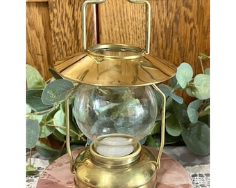 VTG Solid Brass Mini Hurricane Lamp - Hangs or Sits - Mantel Holiday w/ Box NOS
