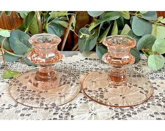 Vintage Pink Depression Glass 1940's Candlestick Candle Holder Set of (2)