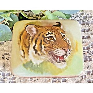 May include: A rectangular decorative box featuring a detailed illustration of a tiger's head. The tiger has orange and black stripes, with a partially open mouth revealing teeth. The background is a soft green and yellow.