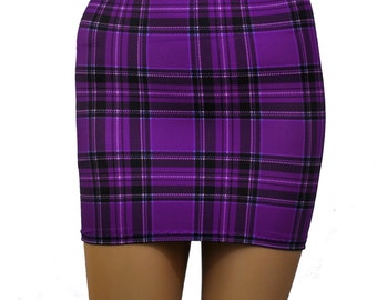 Mini Skirt Purple Black Royal Stewart Tartan Check Stretch Bodycon Clubwear S142 Mini Skirt Purple Black Royal Stewart Tartan Check Stretch Bodycon Clubwear S142