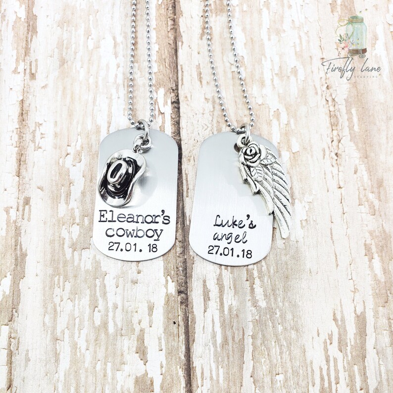 Hand stamped Personalized Her Cowboy, His Angel dog tag couples necklaces /  country love / cowboys & angels 