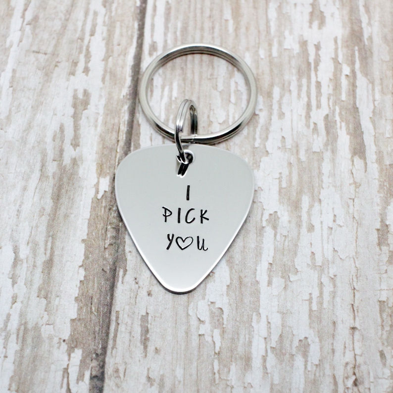 Hand stamped /'I pick you/' guitar pick keychain