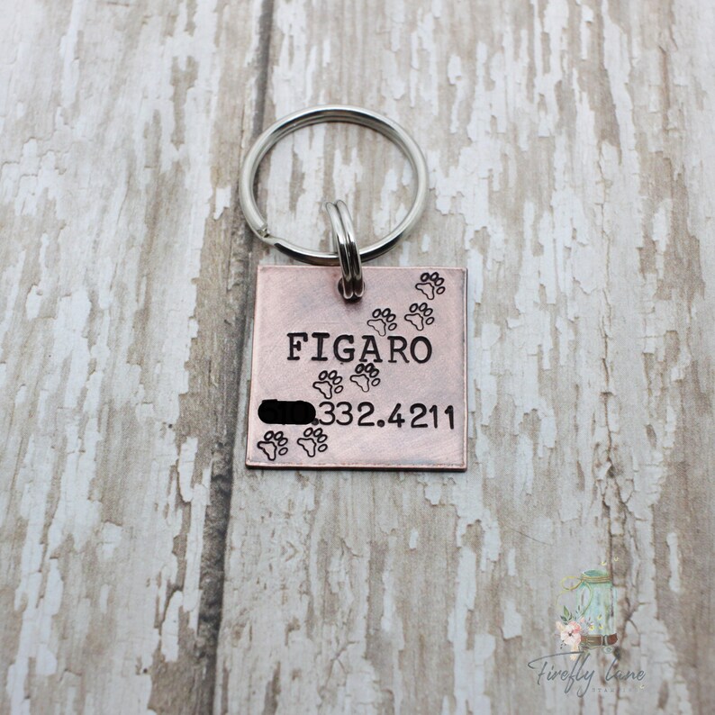 hand stamped antiqued copper square dog tag dog tags for dogs medium or large dog tag paw prints