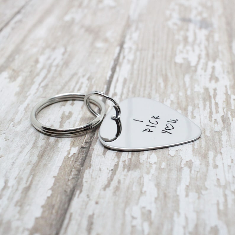 Hand stamped /'I pick you/' guitar pick keychain