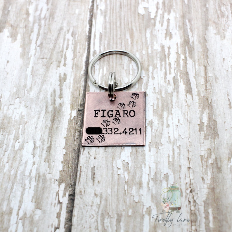 hand stamped antiqued copper square dog tag dog tags for dogs medium or large dog tag paw prints