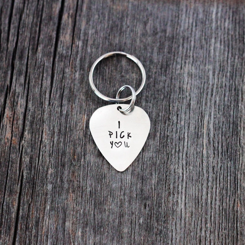 Hand stamped /'I pick you/' guitar pick keychain