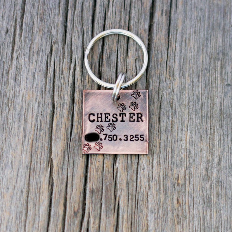 hand stamped antiqued copper square dog tag dog tags for dogs medium or large dog tag paw prints
