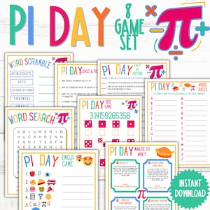 May include: A colorful Pi Day game set with eight different activity sheets. The set includes word scrambles, word searches, jokes, a dice game, and more. The design features a pi symbol and the words "Pi Day" in large, playful letters.