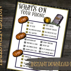 Halloween Whats on your phone, Halloween Party Game, Halloween printable game, Halloween activity, Halloween Games for Kids and Adults