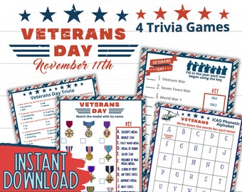 Veterans Day Games Trivia Games | Printable Veterans Day Military | Veteran | Instant Download | Trivia | True or False | Wars | Army | Navy