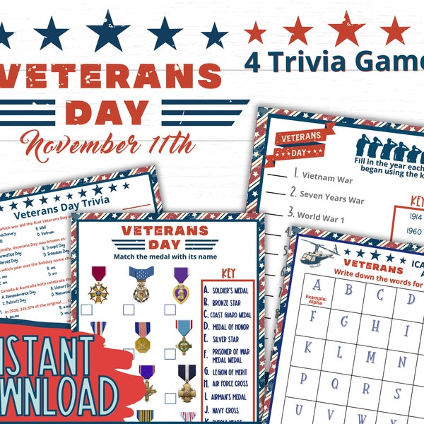 Veterans Day Games Trivia Games | Printable Veterans Day Military | Veteran | Instant Download | Trivia | True or False | Wars | Army | Navy