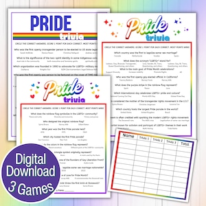 Pride Month Trivia | LGBTQ+ Pride Games | Pride Month Quiz Printable | Rainbow Party Adult Games | 3 Pride Trivia Games | Love Is Love