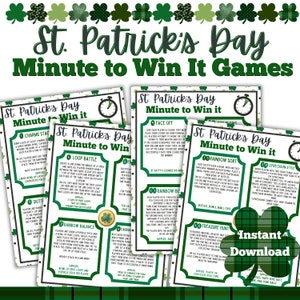 May include: St. Patrick's Day Minute to Win It Games printable. Includes instructions for games like Charms Stack, Loop Battle, Rainbow Balance, and Treasure Hunt. Instant download.