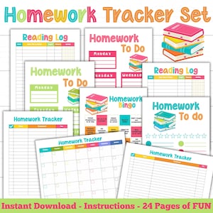 May include: A set of colorful printable homework trackers and reading logs. The designs include "Homework To Do", "Reading Log", and "Homework Bingo" with illustrations of stacked books. The text "Homework Tracker Set" is at the top.
