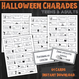 Teen Halloween Charades includes 64 Halloween Charades game prompt cards and instruction sheet. This printable adult halloween charades is sure to be fun with it's black and white theme with tiny spooky graphics on each card.