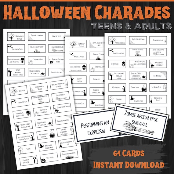Halloween Charades | Teen Halloween Charades | 64 Halloween Charade Cards | Halloween Teen Games | Adult Halloween Game | Printable Charades