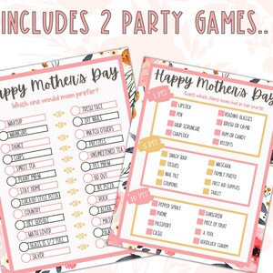May include: Two pink and gold printable Mother's Day party game cards. The first card has a list of 14 choices with checkboxes and the text "Which one would mom prefer?" The second card has a list of 14 items with checkboxes and the text "Guess which item mom has in her purse".