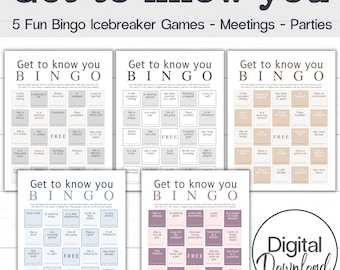 May include: Five printable bingo cards with a light brown, grey, and pink background. Each card has a title that says "Get to know you BINGO". The cards are filled with prompts to help people get to know each other.  The text "Digital Download" is in the bottom right corner.