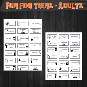 Teen Halloween Charades is ready to play! Simply print, cut, and have some fun! 64 black and white Charades prompt cards with small spooky graphics on each individual card. This is an instant download printable PDF file.