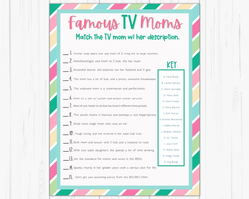 Mother's Day Trivia Famous Mom Trivia Mothers Day Printable Games Mother's Day Activities Mother's Day Party Game TV Show Trivia image 2