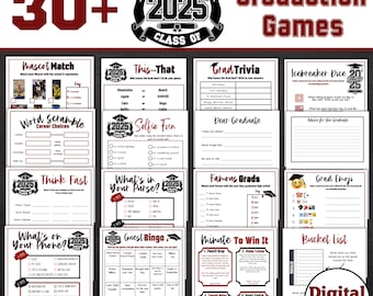 高校卒業パーティー、印刷できる卒業パーティーゲーム、30種類以上の卒業ゲーム、大学卒業、2025年卒業生、卒業パーティーの装飾