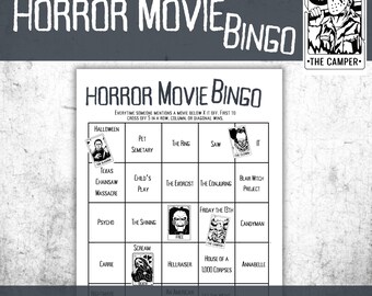 Horrorfilm Bingo, druckbares Halloween Bingo Spiel, Freitag der 13te, Jason Voorhees, Pennywise, Michael Meyers Für Jugendliche und Erwachsene gedacht