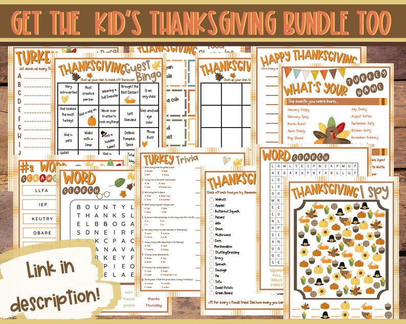 Peut inclure: Ensemble de jeux et d'activit&eacute;s imprimables sur le th&egrave;me de l'Action de gr&acirc;ce pour enfants. Comprend des bingos, des jeux de questions, des mots cach&eacute;s et des jeux de type &laquo; Je vois &raquo;. Le texte &laquo; GET THE KID'S THANKSGIVING BUNDLE TOO &raquo; est en haut, avec &laquo; Link in description! &raquo; en bas.