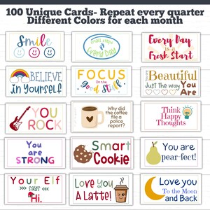 Printable Lunchbox notes, jokes, and cardsfor kids and teens is shown on this page with beautiful graphics and colors. The cards include positive affirmations and lots of love and encouragement for kids and teens at school or daycare.