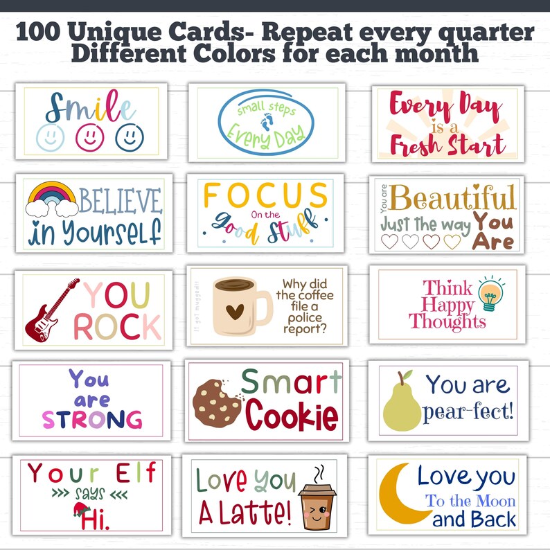Printable Lunchbox notes, jokes, and cardsfor kids and teens is shown on this page with beautiful graphics and colors. The cards include positive affirmations and lots of love and encouragement for kids and teens at school or daycare.