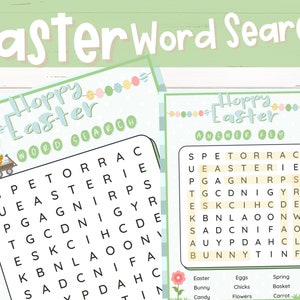 May include: Two Easter-themed word search puzzles. The top text reads "Easter Word Search" in a playful font. The puzzles are titled "Hoppy Easter" and feature a bunny graphic. One puzzle is labeled "Answer Key".