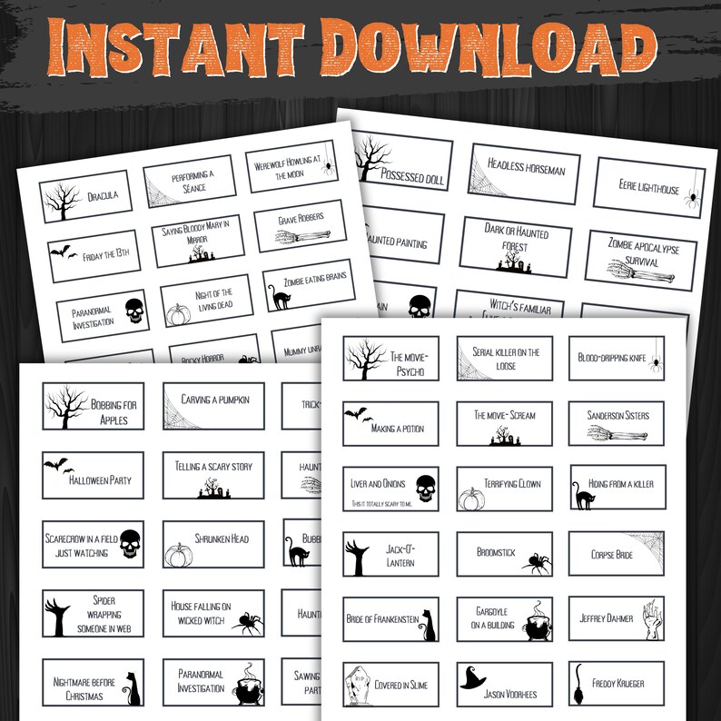 Teen Halloween Charades is the perfect last minute Halloween party activity. It comes with 64 Halloween Charades prompt cards and instructions. This Adult Halloween Game is an instant download PDF file all ready to bring some fun!