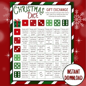 Op de afbeelding: Een afdrukbaar kerst dobbelspel met een feestelijke rode en groene rand. Het spelbord bevat dobbelsteen iconen en instructies voor een cadeau-uitwisseling, met de woorden "Direct downloaden" in een cirkelvormige afbeelding.